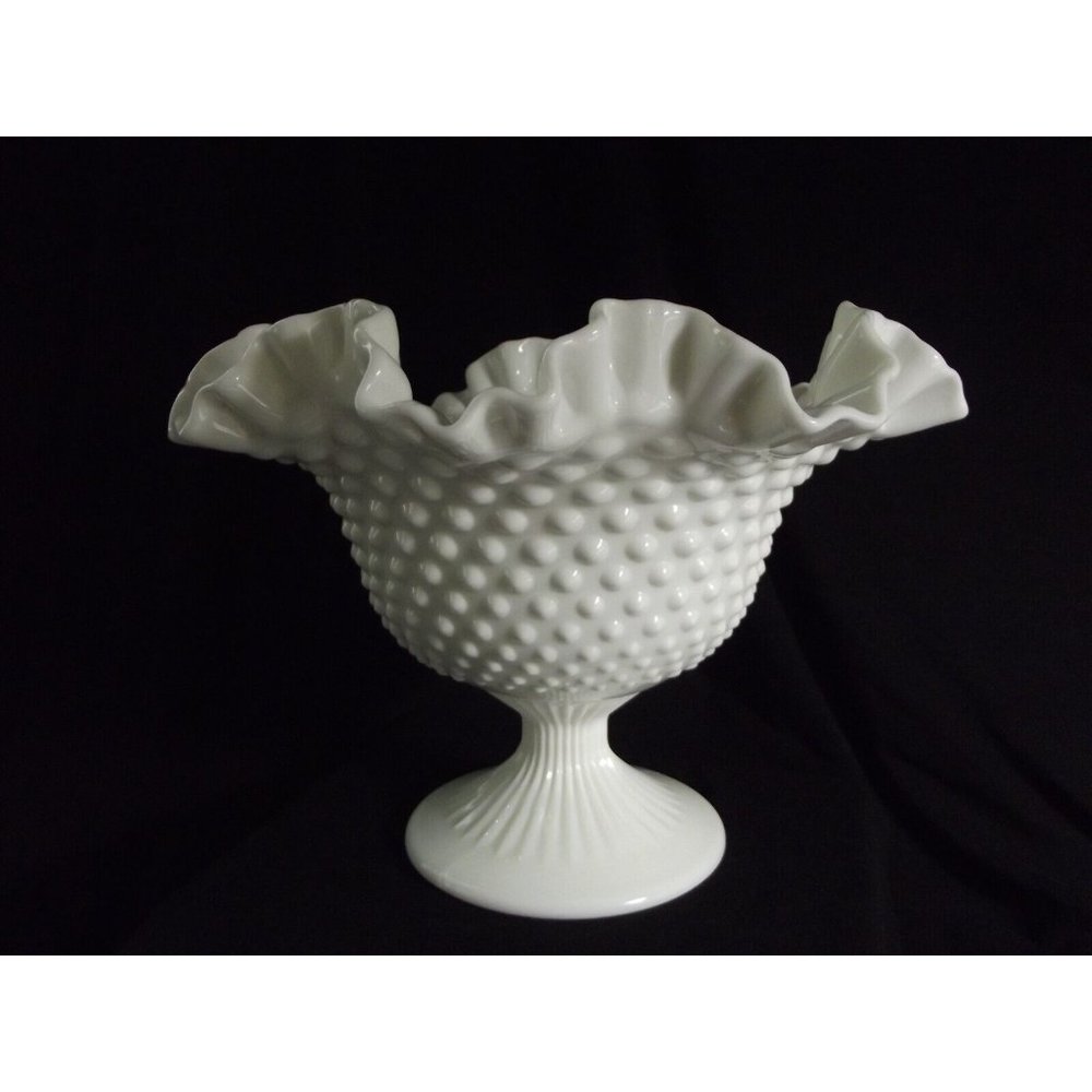 Vintage Fenton White Milk Glass Pedestal Bowl 6.75" x9" Hobnail Ruffled Rim Vase